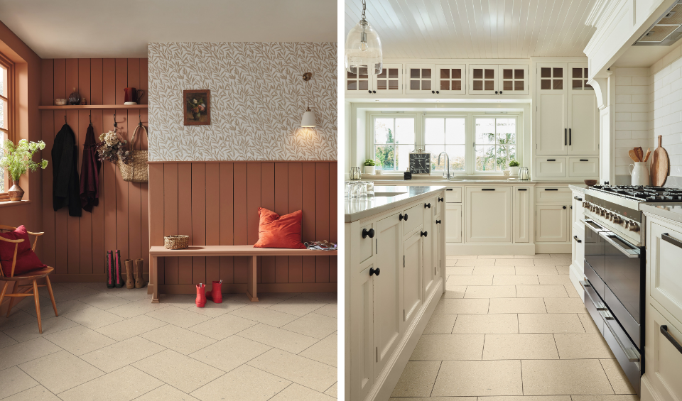 Palio Essenza Ischia Limestone PVT703 in herringbone laying pattern (left) and in brick bond laying pattern (right)